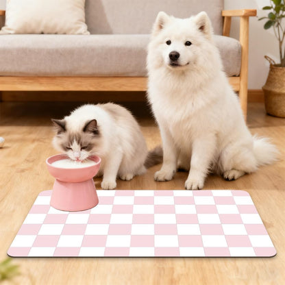Pink Cat Food Mat 12"x 20" Cat Dog Feeding Mat for Food and Water Bowls Pink Checkered Diatomaceous Earth Absorbent Quick Dry Non Slip Pet Feeding Placemat for Messy Eaters Drinkers
