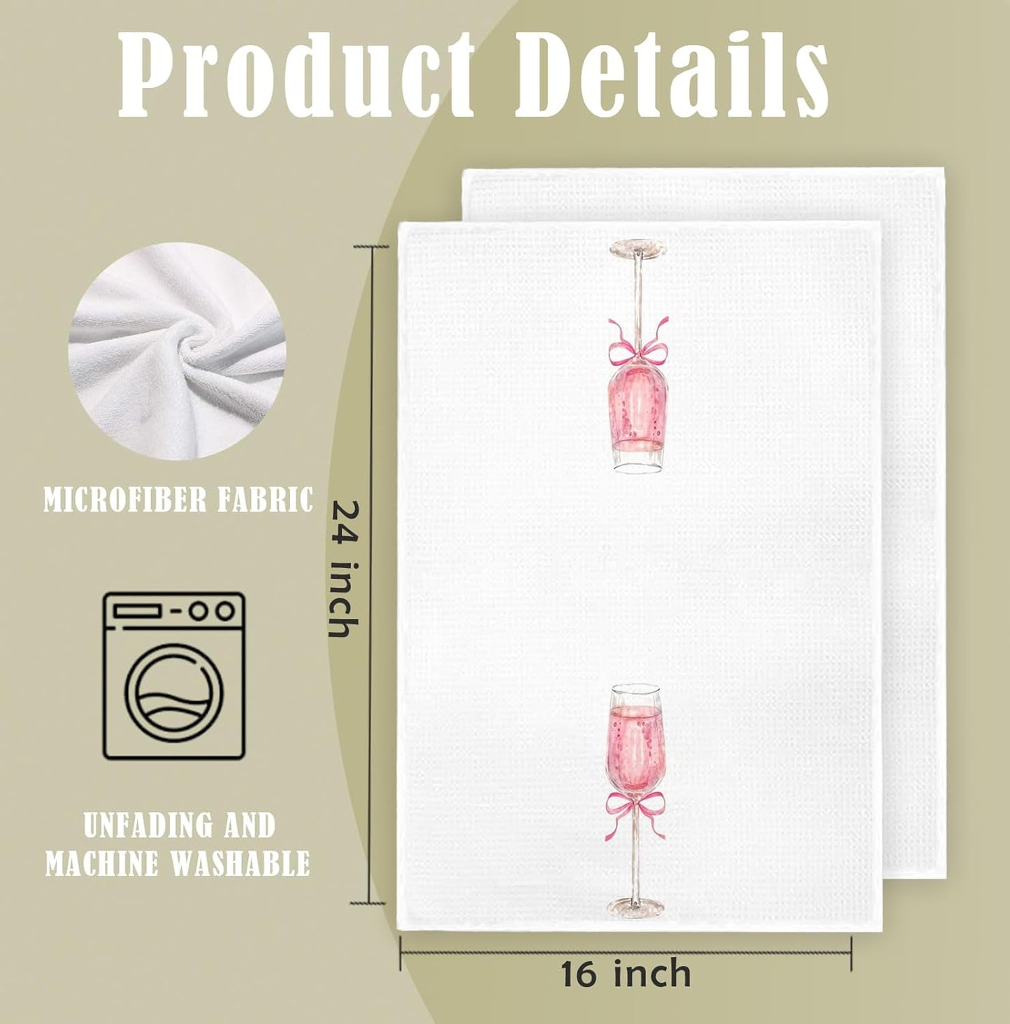 Pink Bow Champagne Kitchen Towels, Coquette Pink Kitchen Decor, Alcohol Gifts Hand Towels for Kitchen Bar Decor, 16x24 Inch Set of 2