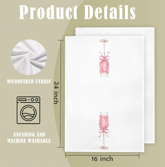 Pink Bow Champagne Kitchen Towels, Coquette Pink Kitchen Decor, Alcohol Gifts Hand Towels for Kitchen Bar Decor, 16x24 Inch Set of 2