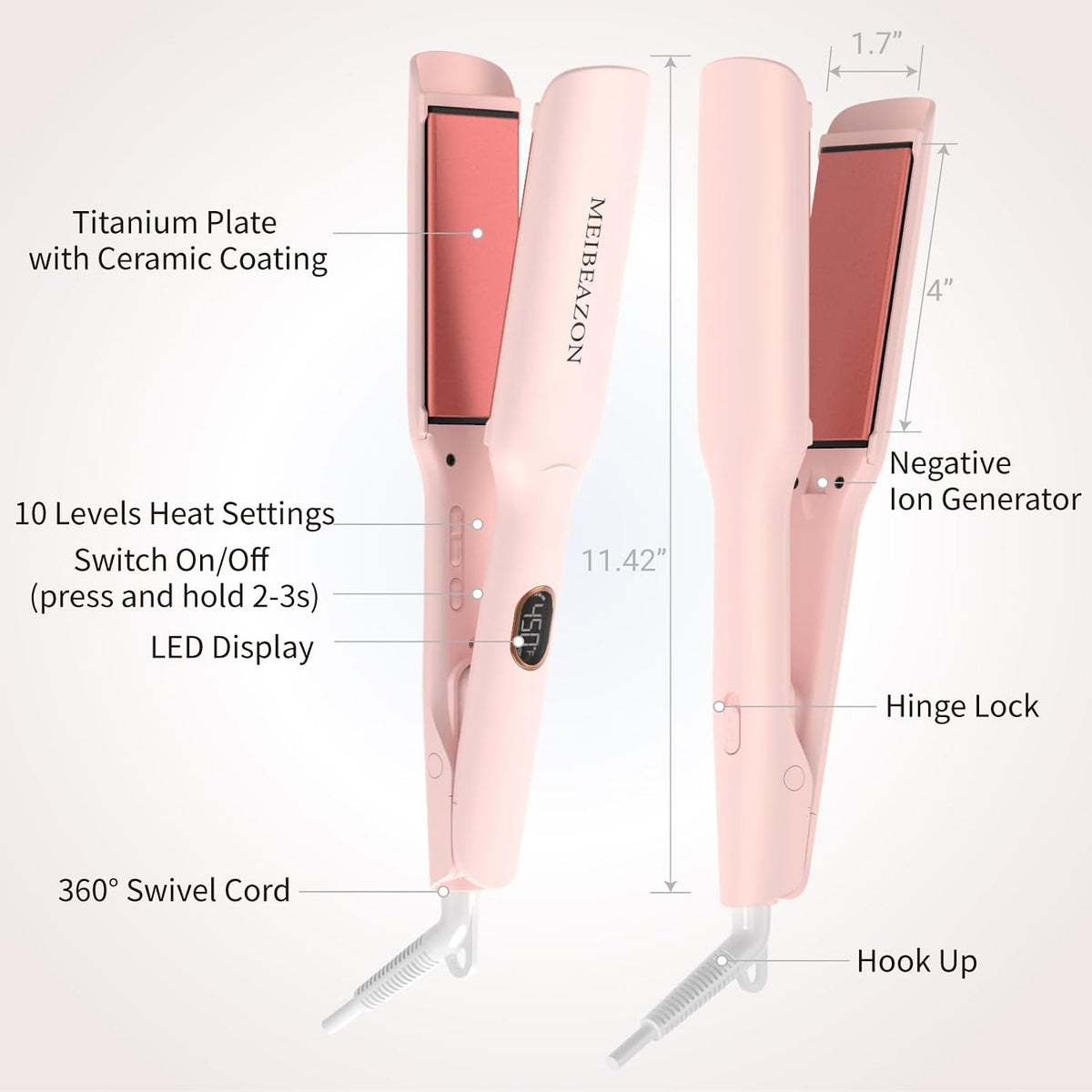Flat Iron Hair Straightener – 1.7”Wide Ceramic Plate with Negative Ionic Technology, Digital Temp Control & Dual Voltage for Curly/Thick/Coily Hair