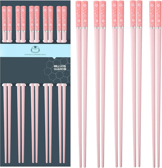 5 Pairs Fiberglass Chopsticks-Reusable Chopsticks Dishwasher Safe, 9.57 inch/24.3cm Matte Non-Slip Family/ Hotel/ Restaurant Chop Sticks, Chinese/Japanese Chop Sticks, Pink Sakura