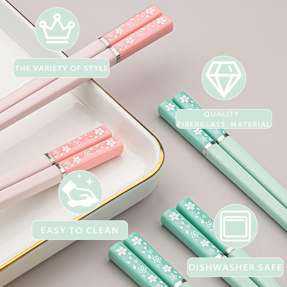 5 Pairs Fiberglass Chopsticks-Reusable Chopsticks Dishwasher Safe, 9.57 inch/24.3cm Matte Non-Slip Family/ Hotel/ Restaurant Chop Sticks, Chinese/Japanese Chop Sticks, Pink Sakura
