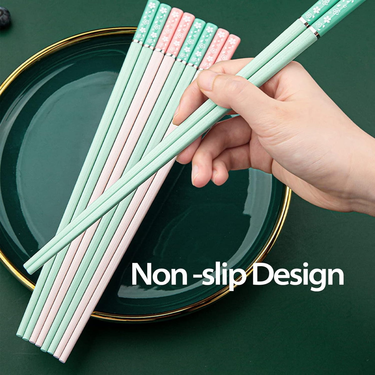5 Pairs Fiberglass Chopsticks-Reusable Chopsticks Dishwasher Safe, 9.57 inch/24.3cm Matte Non-Slip Family/ Hotel/ Restaurant Chop Sticks, Chinese/Japanese Chop Sticks, Pink Sakura