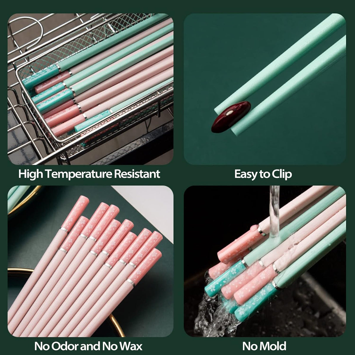 5 Pairs Fiberglass Chopsticks-Reusable Chopsticks Dishwasher Safe, 9.57 inch/24.3cm Matte Non-Slip Family/ Hotel/ Restaurant Chop Sticks, Chinese/Japanese Chop Sticks, Pink Sakura