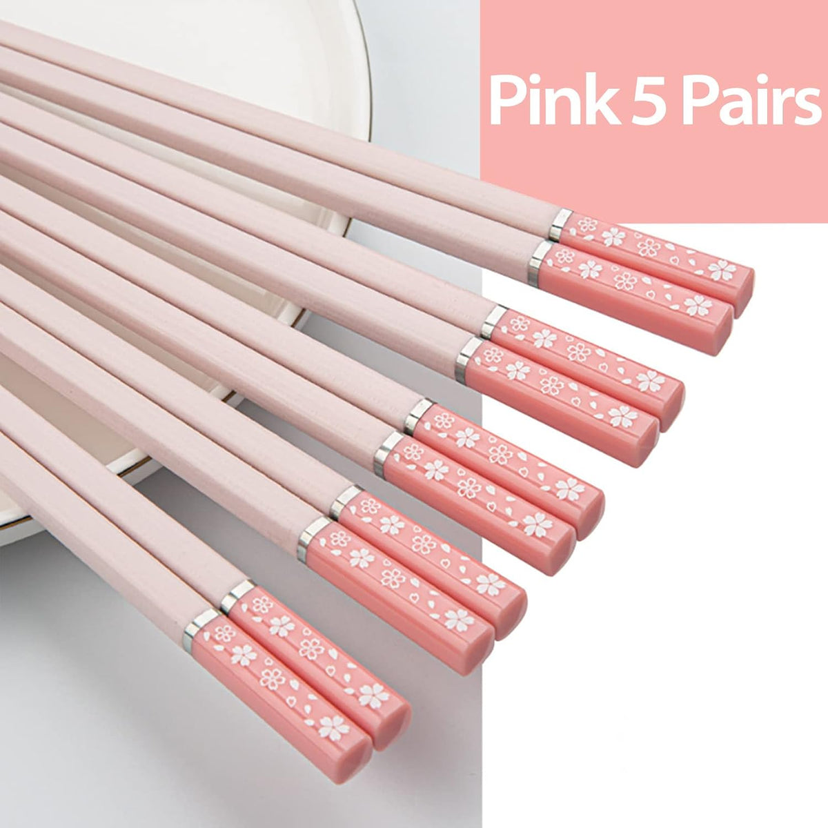 5 Pairs Fiberglass Chopsticks-Reusable Chopsticks Dishwasher Safe, 9.57 inch/24.3cm Matte Non-Slip Family/ Hotel/ Restaurant Chop Sticks, Chinese/Japanese Chop Sticks, Pink Sakura