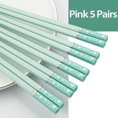 5 Pairs Fiberglass Chopsticks-Reusable Chopsticks Dishwasher Safe, 9.57 inch/24.3cm Matte Non-Slip Family/ Hotel/ Restaurant Chop Sticks, Chinese/Japanese Chop Sticks, Pink Sakura