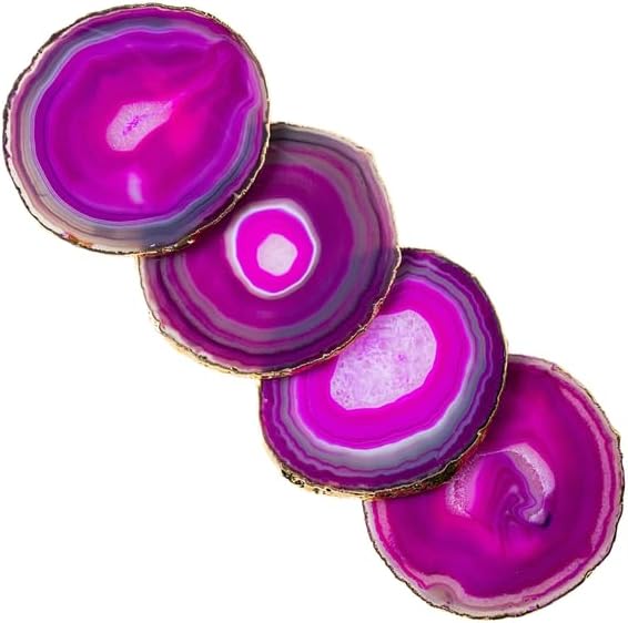 Pink Gold Rimmed Agate Stone Coasters - Set of 4, Polished Geode Drink Mats for Dining & Coffee Table & Kitchen Geode Decor Non-Toxic 3.5-4" Diameter