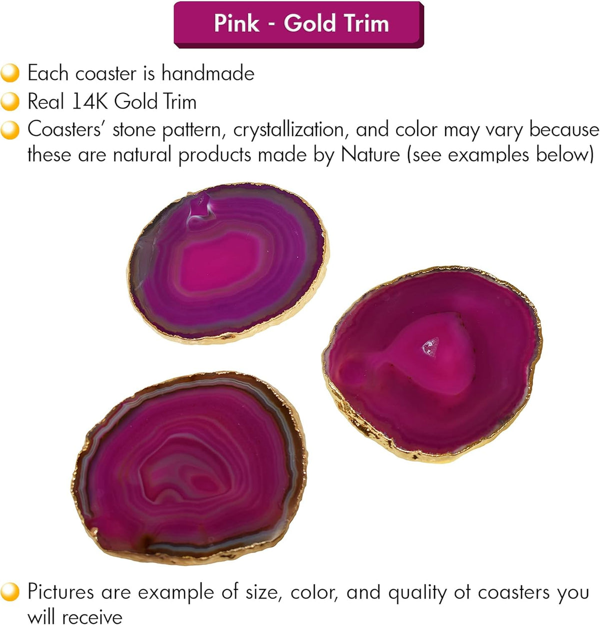 Pink Gold Rimmed Agate Stone Coasters - Set of 4, Polished Geode Drink Mats for Dining & Coffee Table & Kitchen Geode Decor Non-Toxic 3.5-4" Diameter