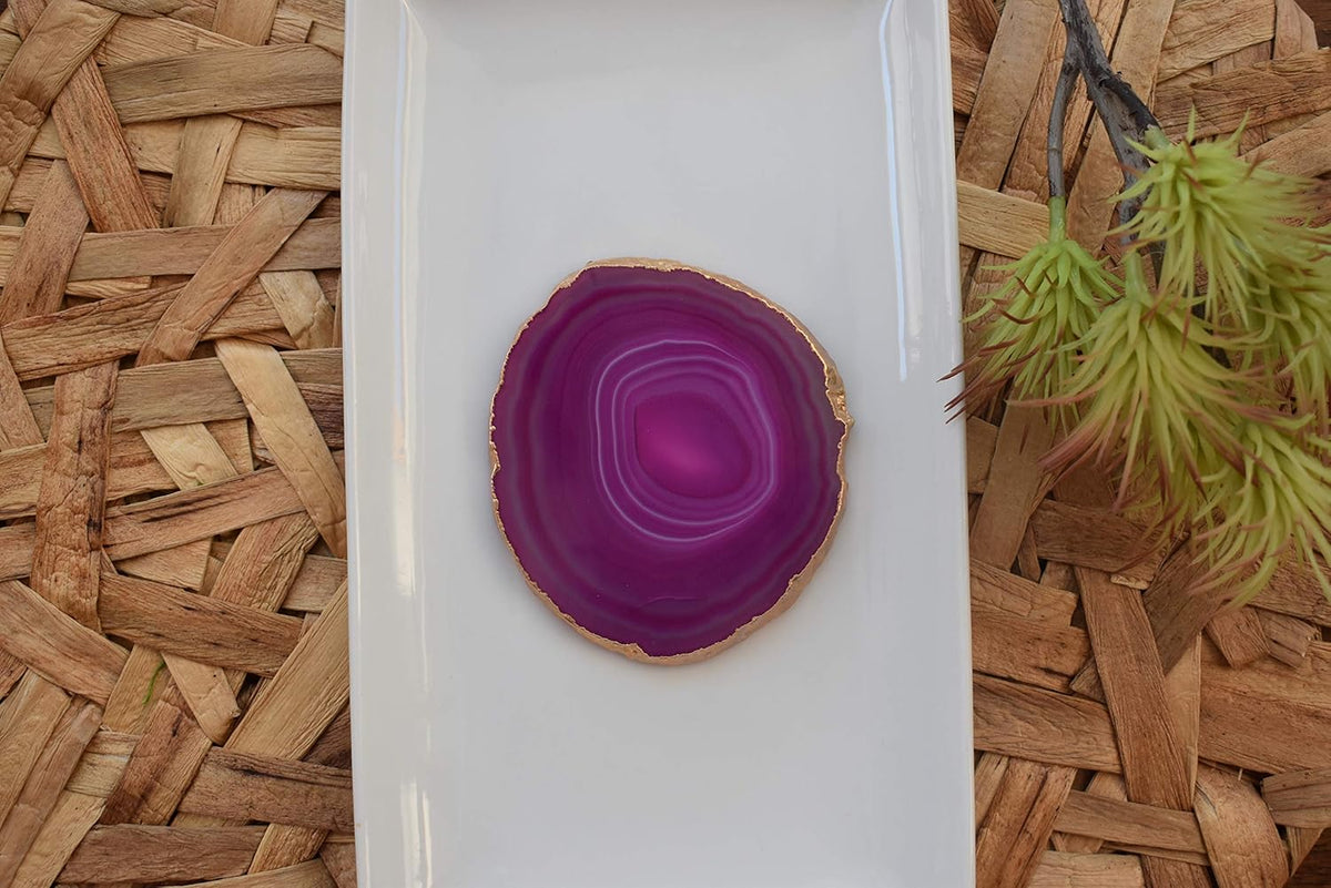 Pink Gold Rimmed Agate Stone Coasters - Set of 4, Polished Geode Drink Mats for Dining & Coffee Table & Kitchen Geode Decor Non-Toxic 3.5-4" Diameter