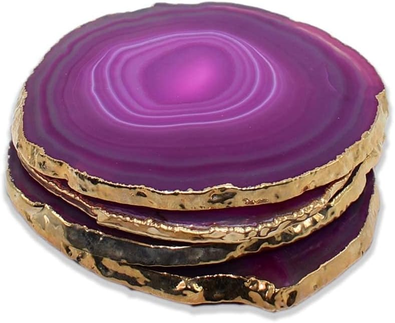 Pink Gold Rimmed Agate Stone Coasters - Set of 4, Polished Geode Drink Mats for Dining & Coffee Table & Kitchen Geode Decor Non-Toxic 3.5-4" Diameter