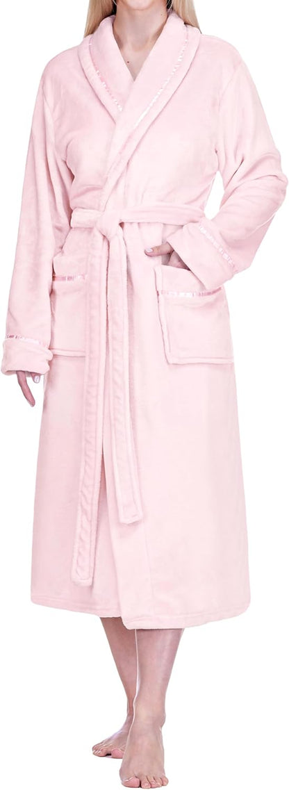 Womens Fleece Robe with Satin Trim, Plush Soft Long Spa Bathrobe, Cozy Shawl Collar Housecoat with Pockets
