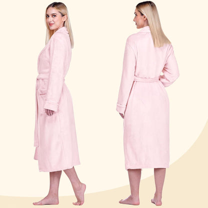 Womens Fleece Robe with Satin Trim, Plush Soft Long Spa Bathrobe, Cozy Shawl Collar Housecoat with Pockets