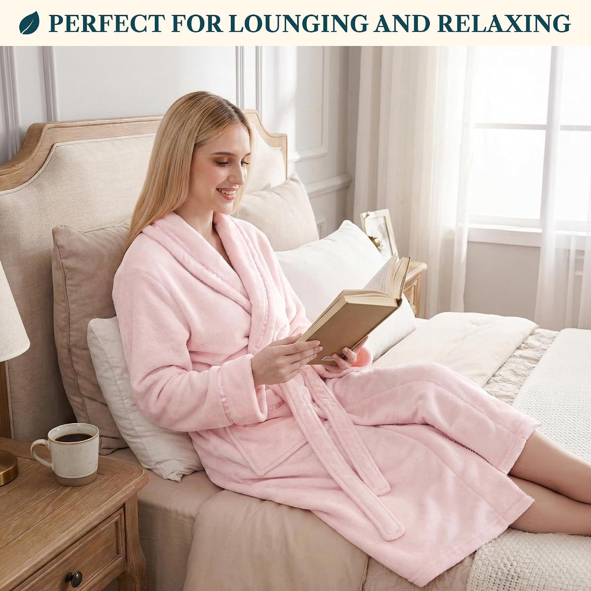 Womens Fleece Robe with Satin Trim, Plush Soft Long Spa Bathrobe, Cozy Shawl Collar Housecoat with Pockets