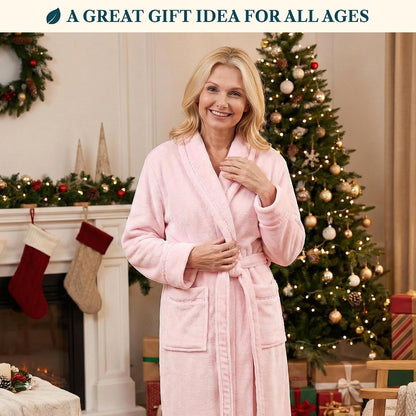 Womens Fleece Robe with Satin Trim, Plush Soft Long Spa Bathrobe, Cozy Shawl Collar Housecoat with Pockets