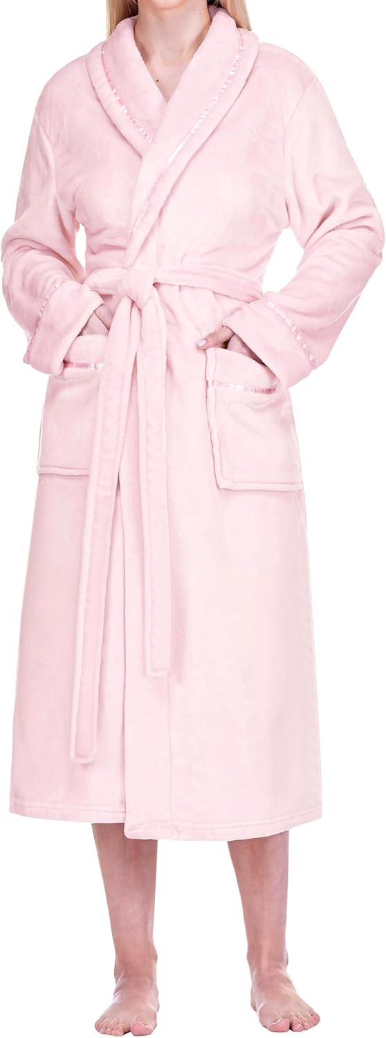 Womens Fleece Robe with Satin Trim, Plush Soft Long Spa Bathrobe, Cozy Shawl Collar Housecoat with Pockets