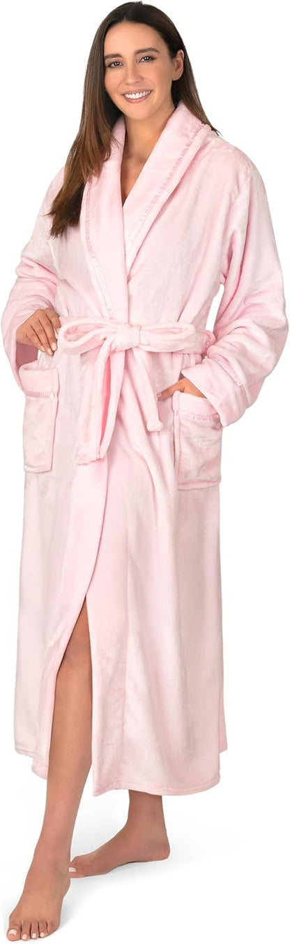 Womens Fleece Robe with Satin Trim, Plush Soft Long Spa Bathrobe, Cozy Shawl Collar Housecoat with Pockets
