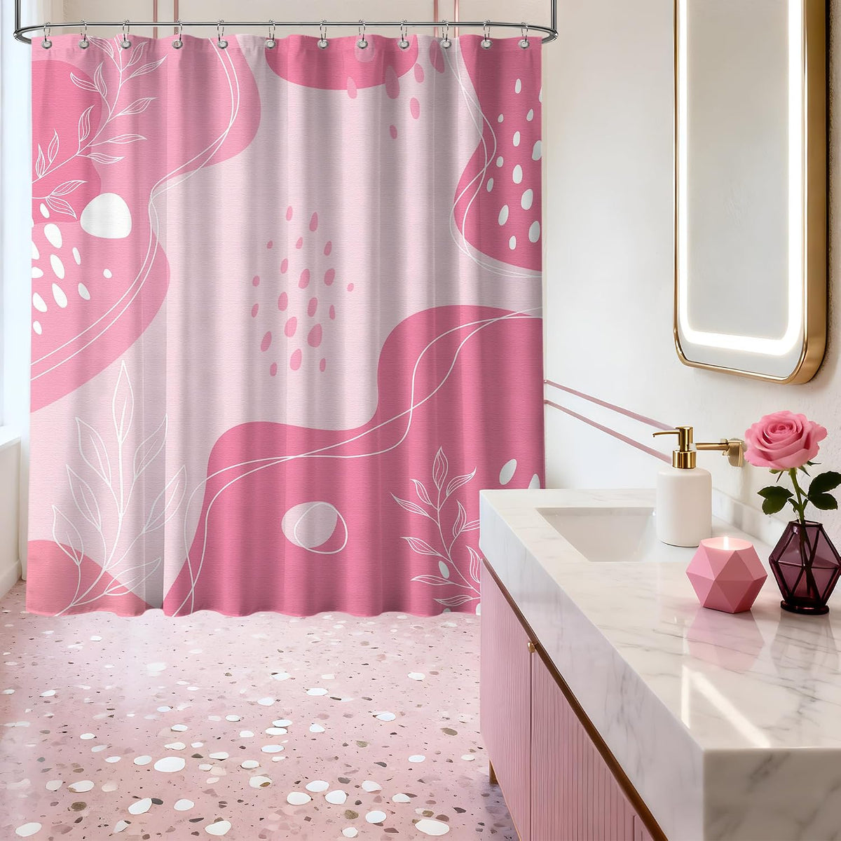 Light Pink Shower Curtain Cute Pink and White Boho Mid Century Modern Shower Curtains for Girly Bathroom Decor Sets, Waterproof Cloth Fabric with Hooks, 70x72 Inch