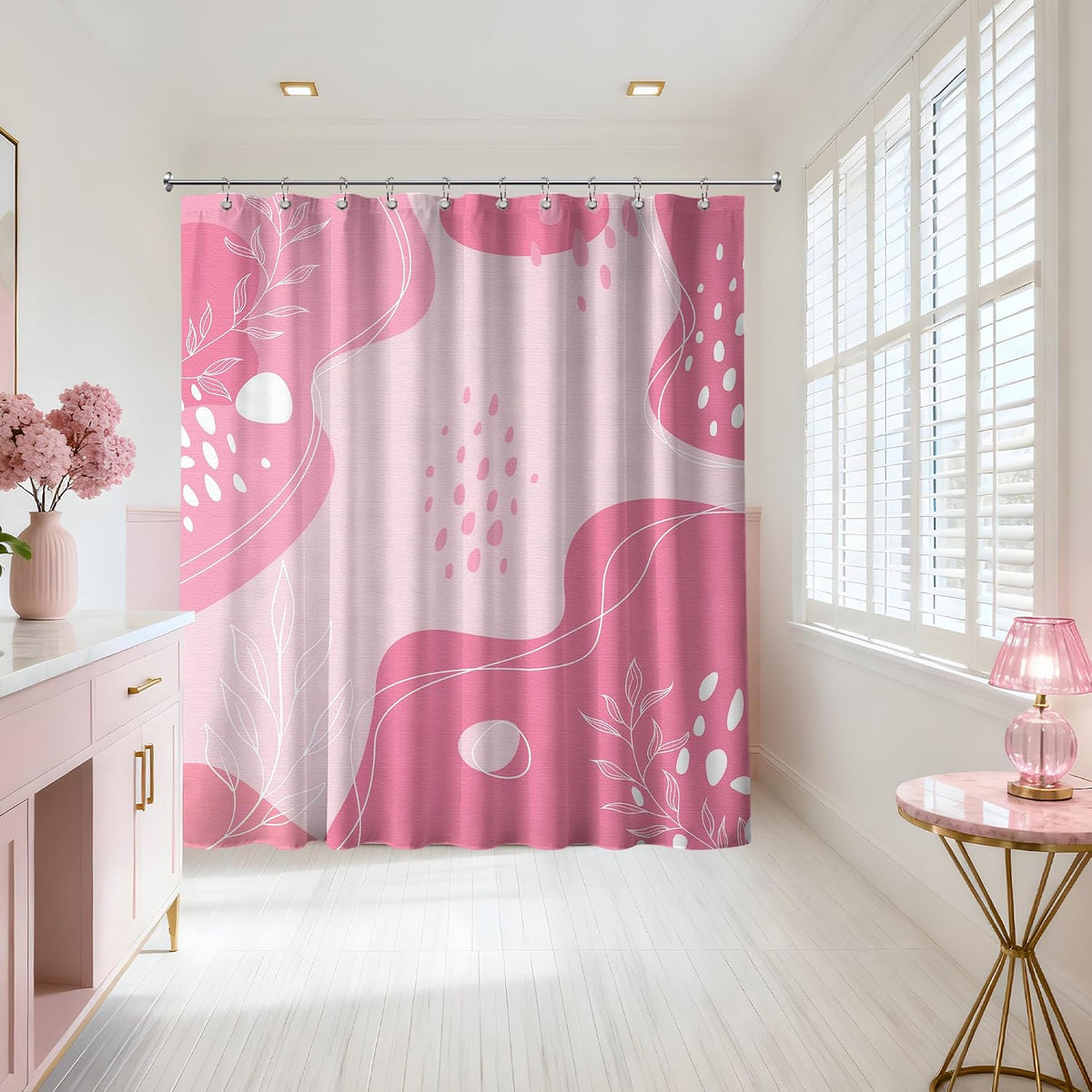 Light Pink Shower Curtain Cute Pink and White Boho Mid Century Modern Shower Curtains for Girly Bathroom Decor Sets, Waterproof Cloth Fabric with Hooks, 70x72 Inch