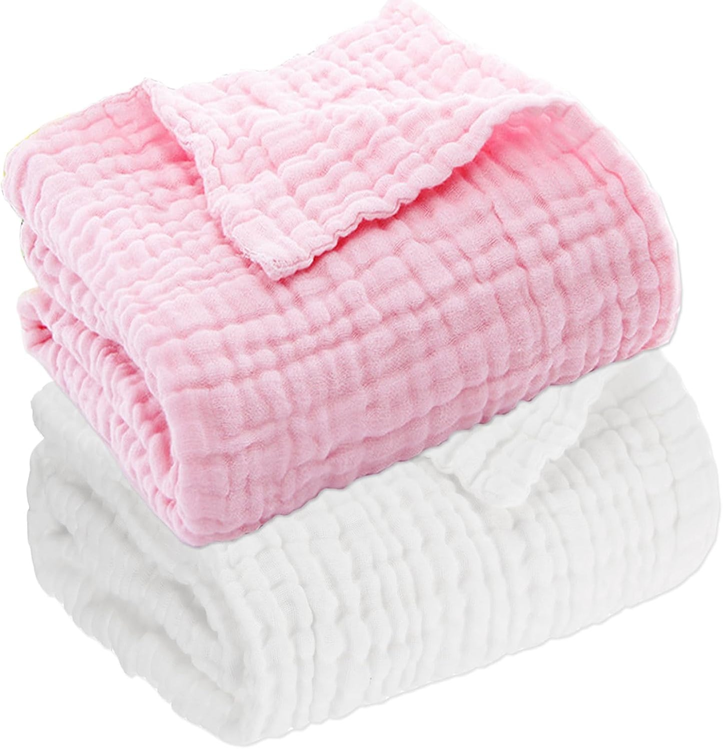 Muslin Baby Blanket Set of 2, 6-Layers 43 x 43 Inches Baby Bath Towel Swaddle Wrap Blankets for Newborn Girls(White & Pink)