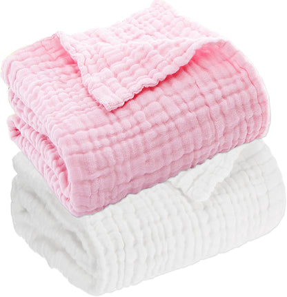 Muslin Baby Blanket Set of 2, 6-Layers 43 x 43 Inches Baby Bath Towel Swaddle Wrap Blankets for Newborn Girls(White & Pink)