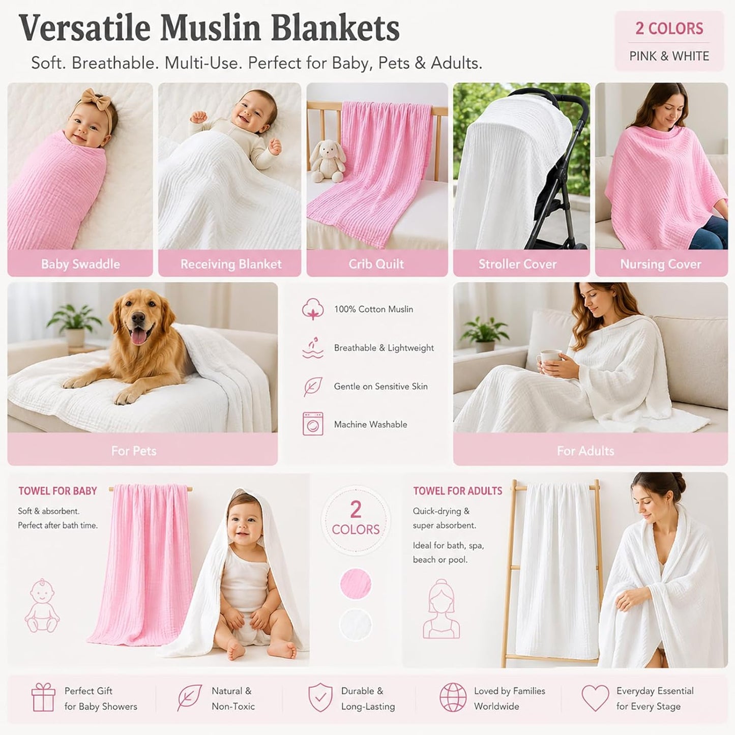 Muslin Baby Blanket Set of 2, 6-Layers 43 x 43 Inches Baby Bath Towel Swaddle Wrap Blankets for Newborn Girls(White & Pink)