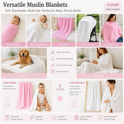 Muslin Baby Blanket Set of 2, 6-Layers 43 x 43 Inches Baby Bath Towel Swaddle Wrap Blankets for Newborn Girls(White & Pink)