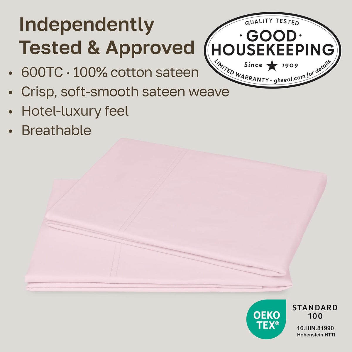 600 TC Set of 2 Standard Size Pillow Cases, Pink