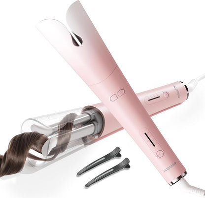 Automatic Curling Iron with 500 Million Ionic, 1.25'' Ceramic Rotating Curling Wand with 3 Heat & 2-Way Rotation, Anti-Scald Lightweight Hair Curler, Dual Voltage for Travel, Pink