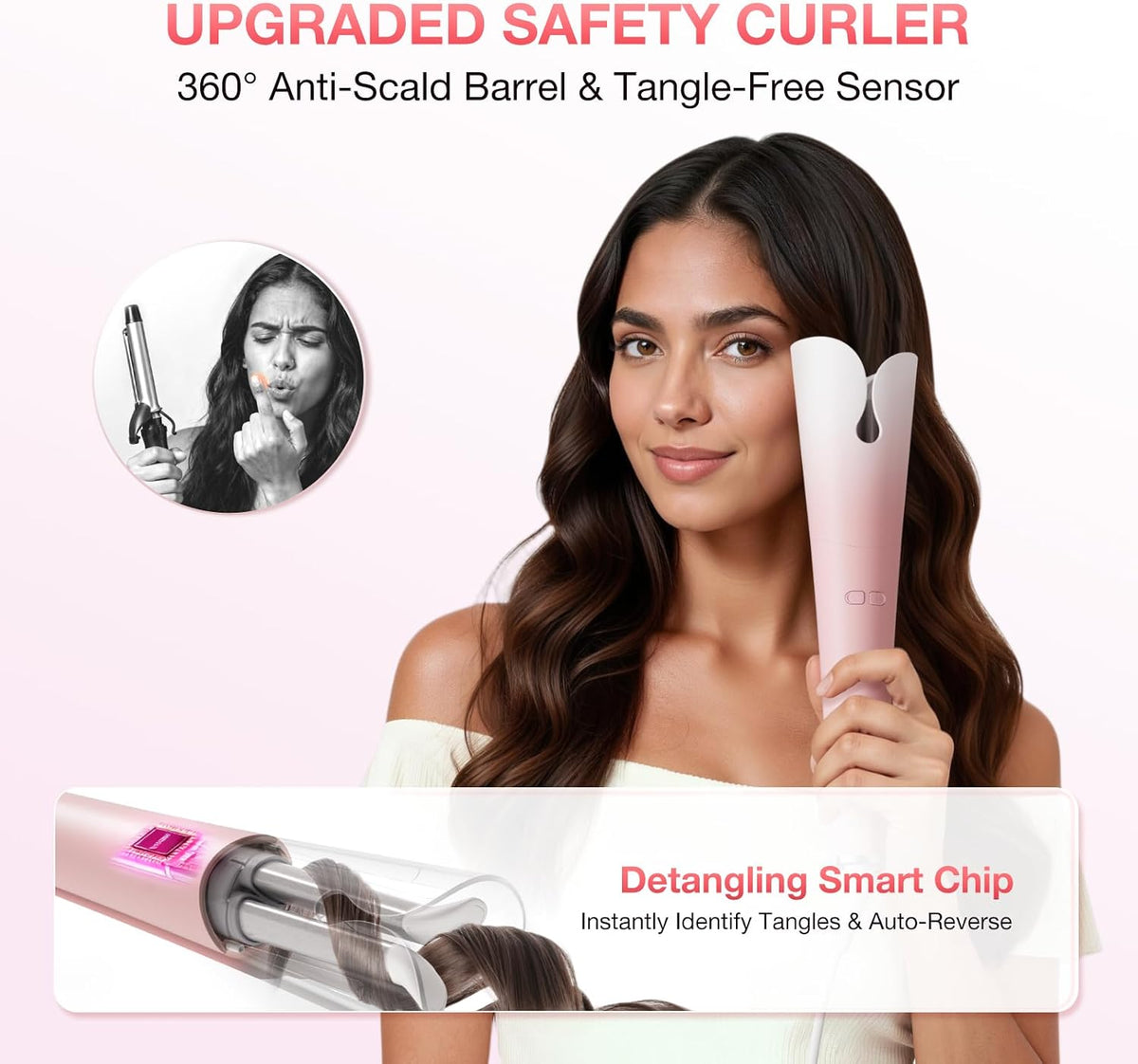Automatic Curling Iron with 500 Million Ionic, 1.25'' Ceramic Rotating Curling Wand with 3 Heat & 2-Way Rotation, Anti-Scald Lightweight Hair Curler, Dual Voltage for Travel, Pink