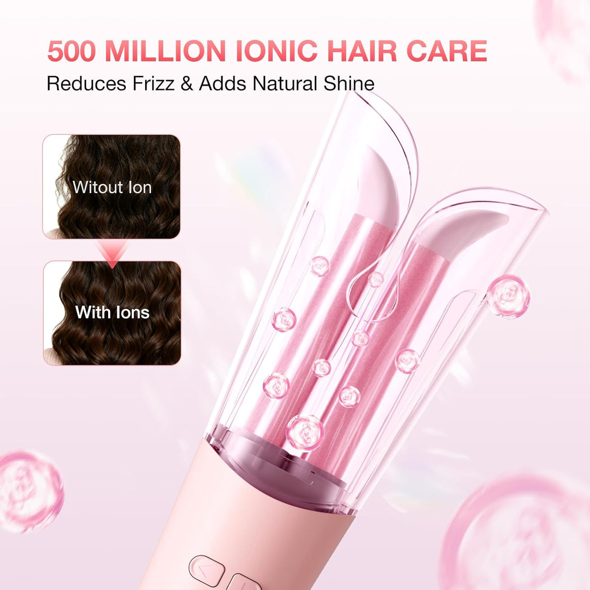 Automatic Curling Iron with 500 Million Ionic, 1.25'' Ceramic Rotating Curling Wand with 3 Heat & 2-Way Rotation, Anti-Scald Lightweight Hair Curler, Dual Voltage for Travel, Pink