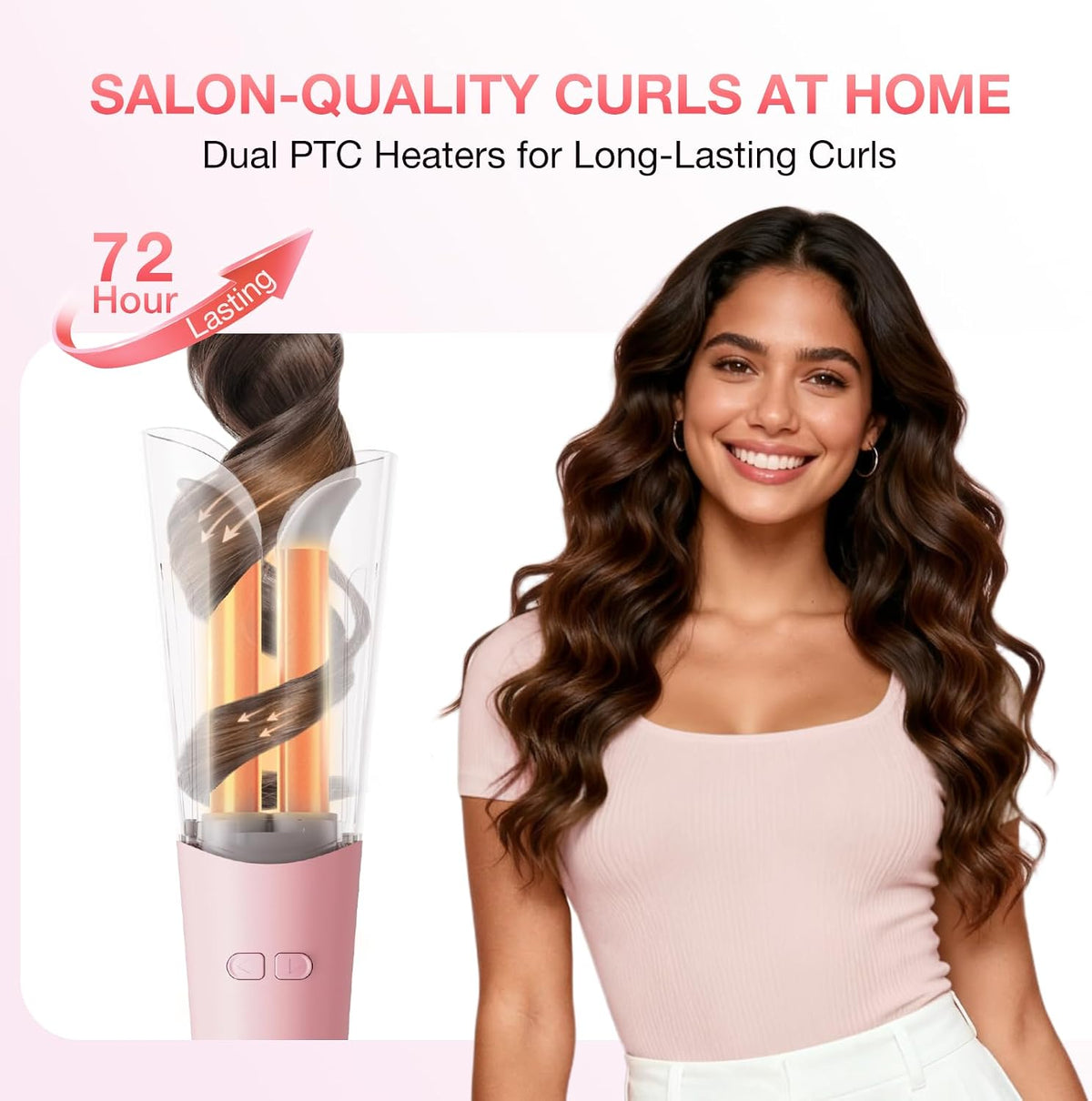 Automatic Curling Iron with 500 Million Ionic, 1.25'' Ceramic Rotating Curling Wand with 3 Heat & 2-Way Rotation, Anti-Scald Lightweight Hair Curler, Dual Voltage for Travel, Pink