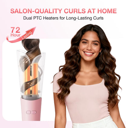 Automatic Curling Iron with 500 Million Ionic, 1.25'' Ceramic Rotating Curling Wand with 3 Heat & 2-Way Rotation, Anti-Scald Lightweight Hair Curler, Dual Voltage for Travel, Pink