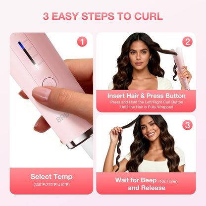 Automatic Curling Iron with 500 Million Ionic, 1.25'' Ceramic Rotating Curling Wand with 3 Heat & 2-Way Rotation, Anti-Scald Lightweight Hair Curler, Dual Voltage for Travel, Pink
