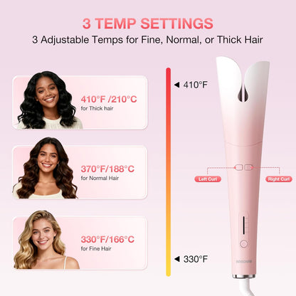 Automatic Curling Iron with 500 Million Ionic, 1.25'' Ceramic Rotating Curling Wand with 3 Heat & 2-Way Rotation, Anti-Scald Lightweight Hair Curler, Dual Voltage for Travel, Pink