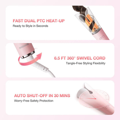 Automatic Curling Iron with 500 Million Ionic, 1.25'' Ceramic Rotating Curling Wand with 3 Heat & 2-Way Rotation, Anti-Scald Lightweight Hair Curler, Dual Voltage for Travel, Pink