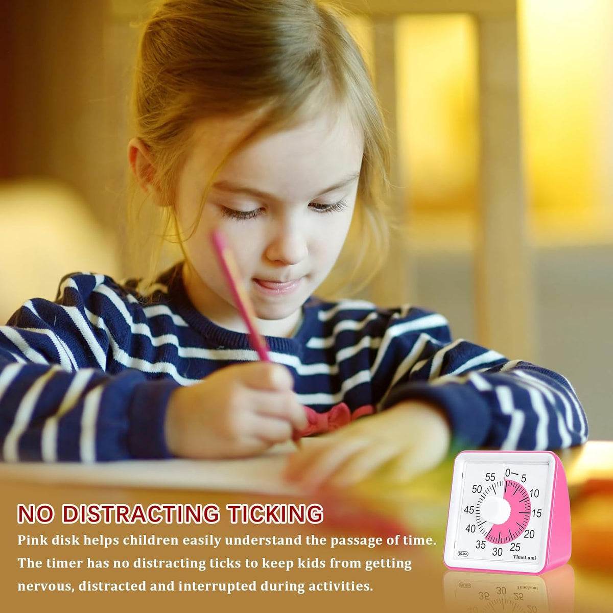 60-Minute Visual Timer for Kids, Management Classroom Timer, Pink