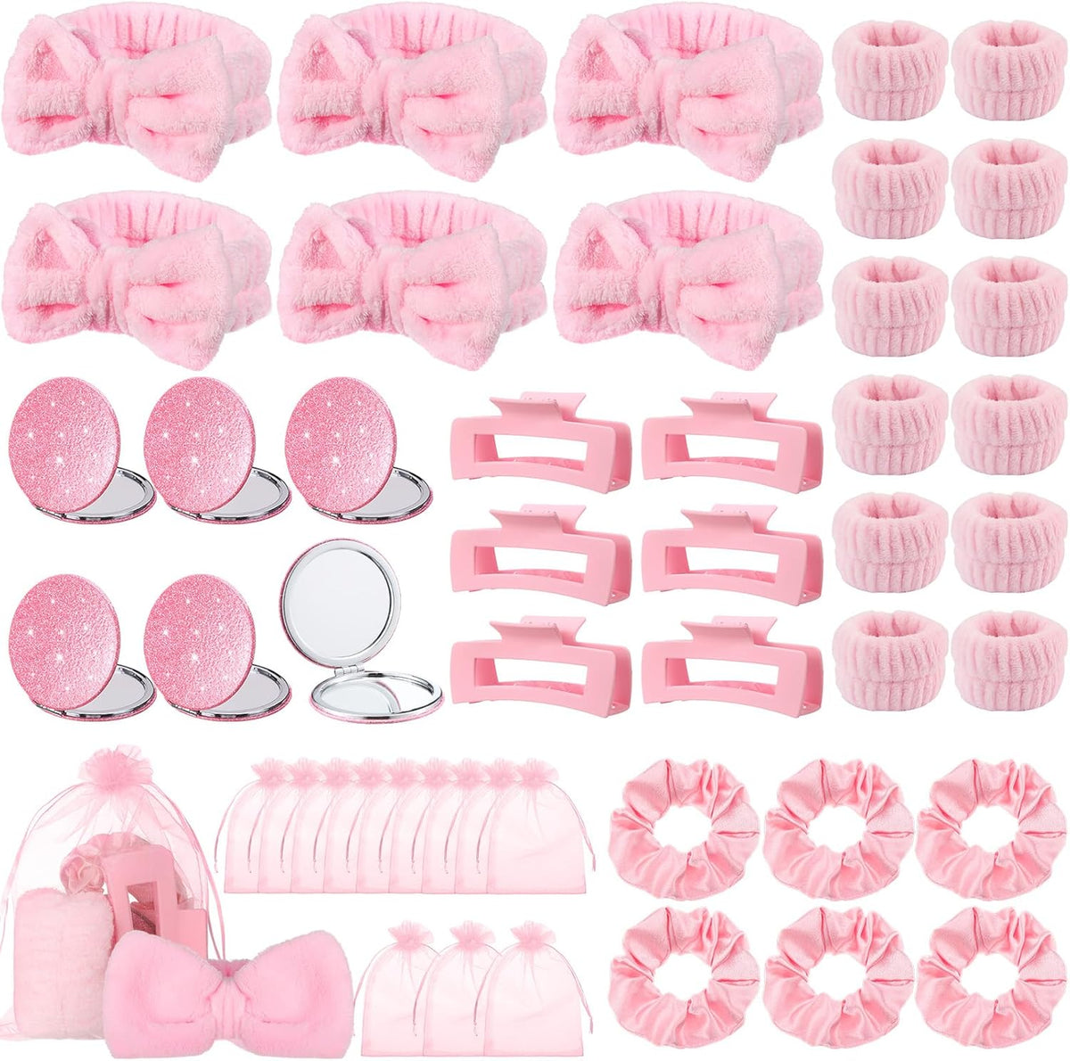 42 Pcs Pink Sleepover Party Supplies 6 Spa Headband 12 Pink Wristbands 6 Hair Clip 6 Hair Scrunchies 6 Mirror 6 Organza Bags for Spa Party Favors Birthday Slumber Bridal Showers Gifts