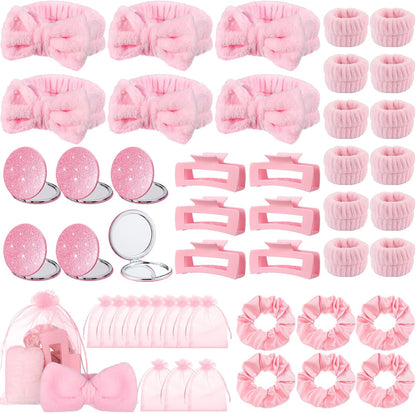 42 Pcs Pink Sleepover Party Supplies 6 Spa Headband 12 Pink Wristbands 6 Hair Clip 6 Hair Scrunchies 6 Mirror 6 Organza Bags for Spa Party Favors Birthday Slumber Bridal Showers Gifts