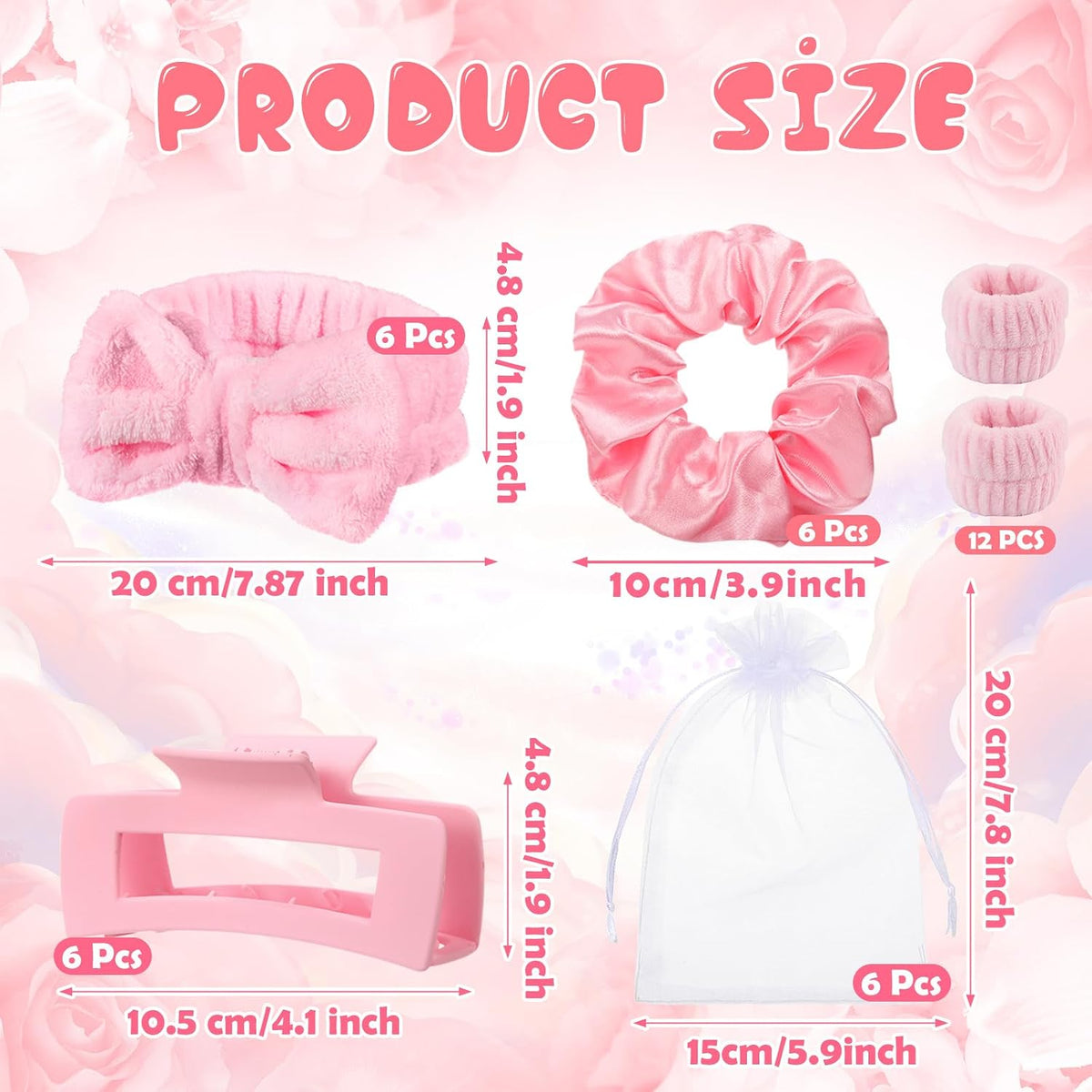 42 Pcs Pink Sleepover Party Supplies 6 Spa Headband 12 Pink Wristbands 6 Hair Clip 6 Hair Scrunchies 6 Mirror 6 Organza Bags for Spa Party Favors Birthday Slumber Bridal Showers Gifts