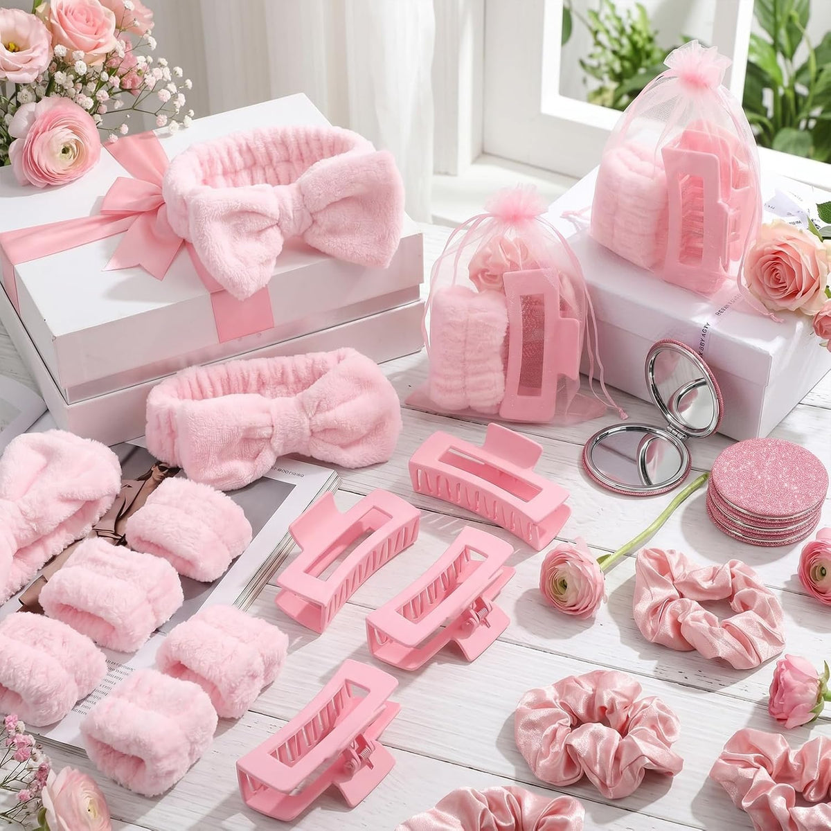 42 Pcs Pink Sleepover Party Supplies 6 Spa Headband 12 Pink Wristbands 6 Hair Clip 6 Hair Scrunchies 6 Mirror 6 Organza Bags for Spa Party Favors Birthday Slumber Bridal Showers Gifts