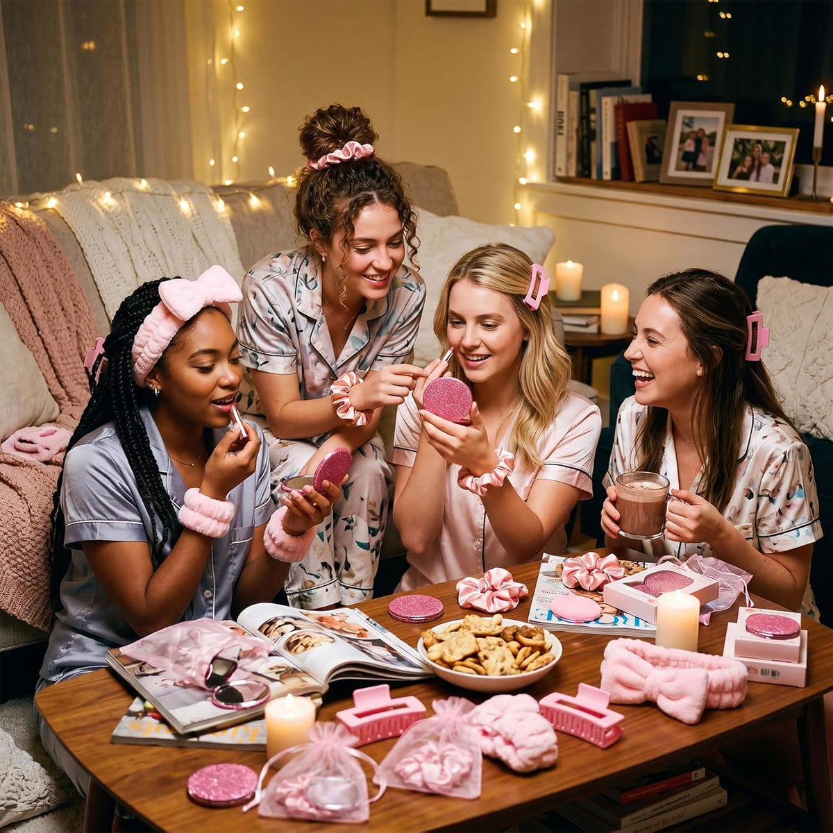 42 Pcs Pink Sleepover Party Supplies 6 Spa Headband 12 Pink Wristbands 6 Hair Clip 6 Hair Scrunchies 6 Mirror 6 Organza Bags for Spa Party Favors Birthday Slumber Bridal Showers Gifts