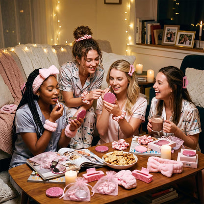 42 Pcs Pink Sleepover Party Supplies 6 Spa Headband 12 Pink Wristbands 6 Hair Clip 6 Hair Scrunchies 6 Mirror 6 Organza Bags for Spa Party Favors Birthday Slumber Bridal Showers Gifts