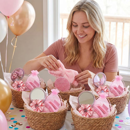 42 Pcs Pink Sleepover Party Supplies 6 Spa Headband 12 Pink Wristbands 6 Hair Clip 6 Hair Scrunchies 6 Mirror 6 Organza Bags for Spa Party Favors Birthday Slumber Bridal Showers Gifts