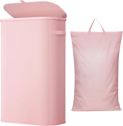 Slim Laundry Basket with Lid and Removable Bag, 65L, Pink
