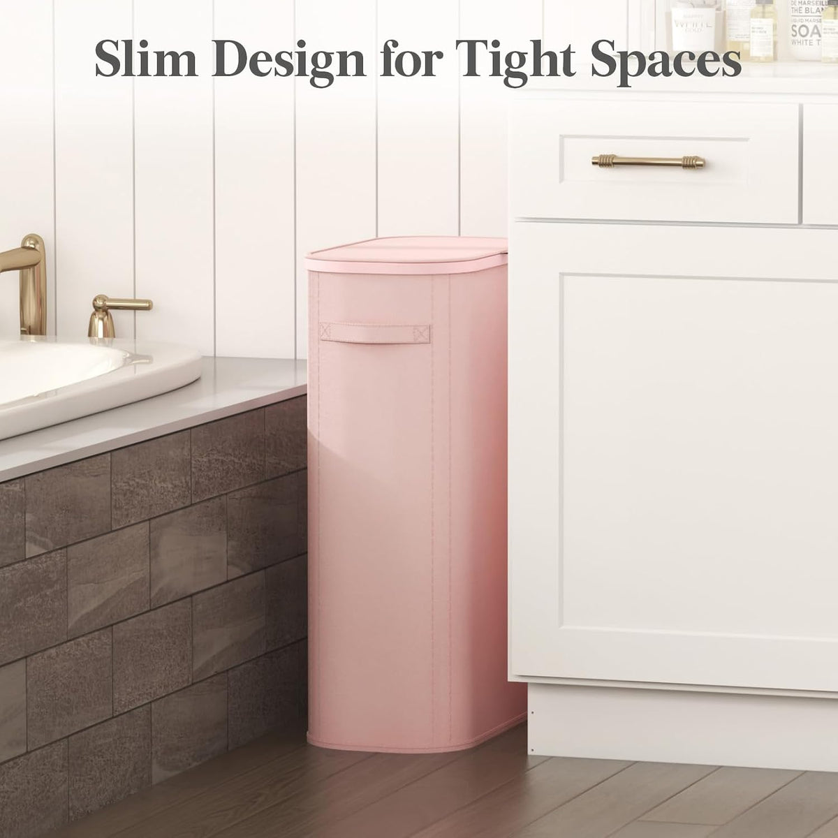 Slim Laundry Basket with Lid and Removable Bag, 65L, Pink