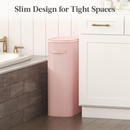 Slim Laundry Basket with Lid and Removable Bag, 65L, Pink
