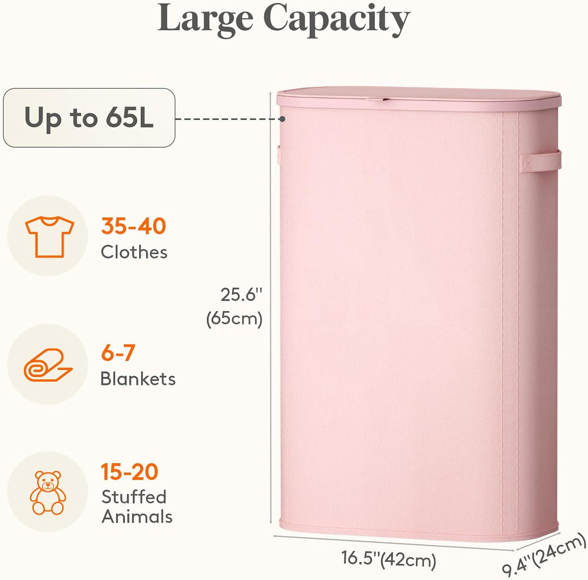 Slim Laundry Basket with Lid and Removable Bag, 65L, Pink