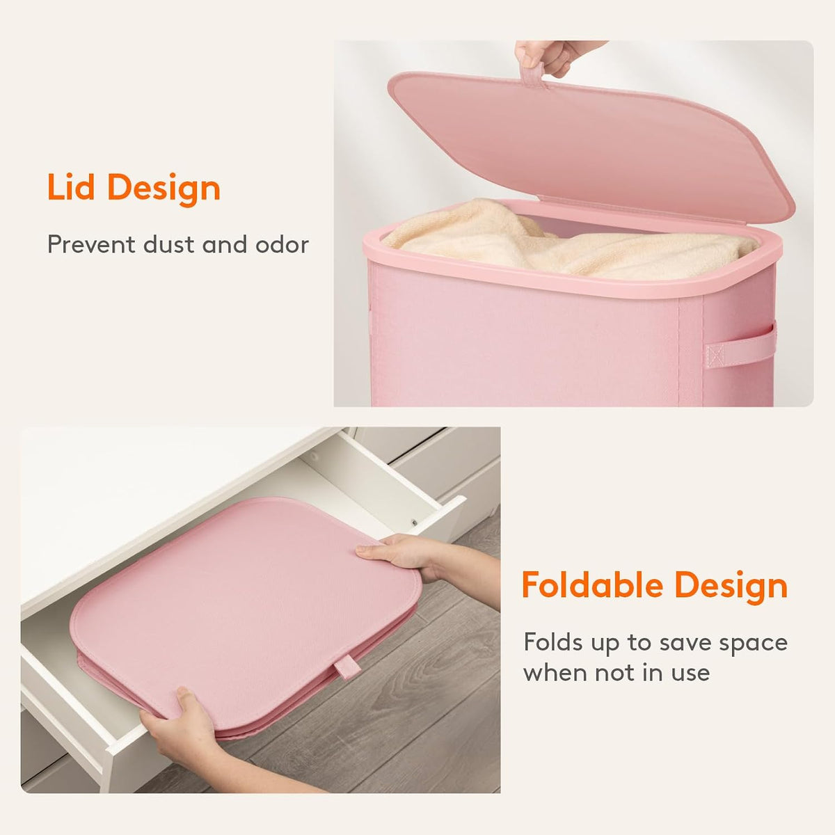 Slim Laundry Basket with Lid and Removable Bag, 65L, Pink