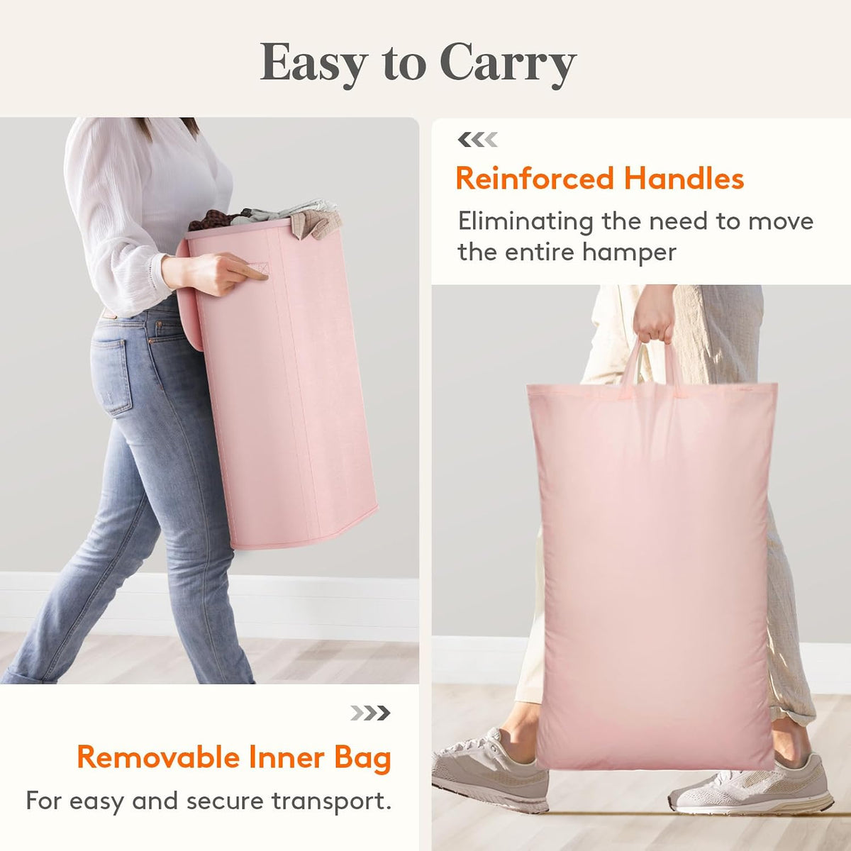 Slim Laundry Basket with Lid and Removable Bag, 65L, Pink