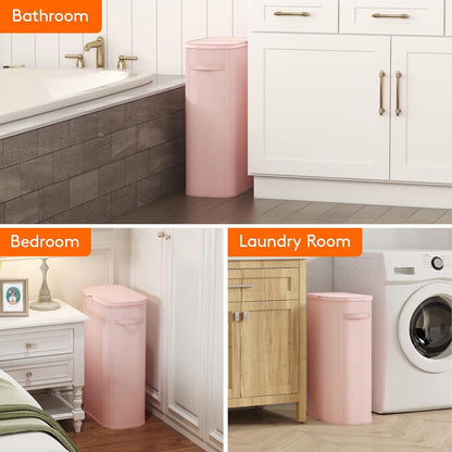 Slim Laundry Basket with Lid and Removable Bag, 65L, Pink